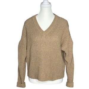Madewell Tan Puff Sleeve V-Neck Chunky Knit Sweater Size S